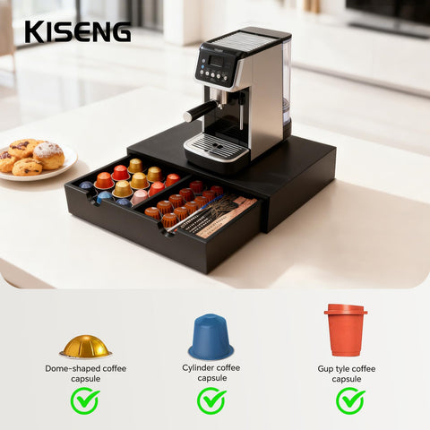 KISENG coffee pod organizer side profile highlighting natural wood finish for warm decor