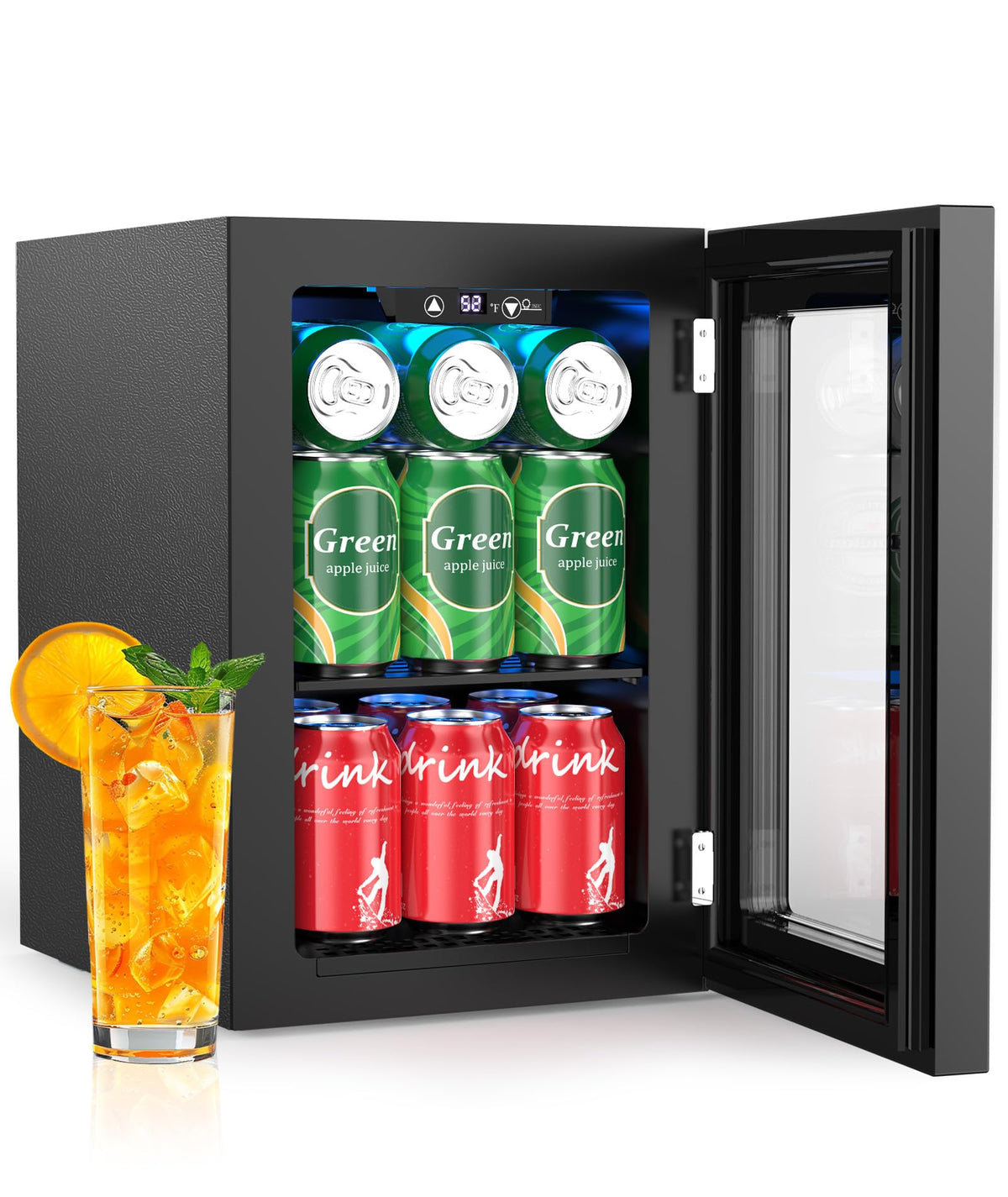 Kismile 18L beverage fridge with glass door showing full can storage and easy access.