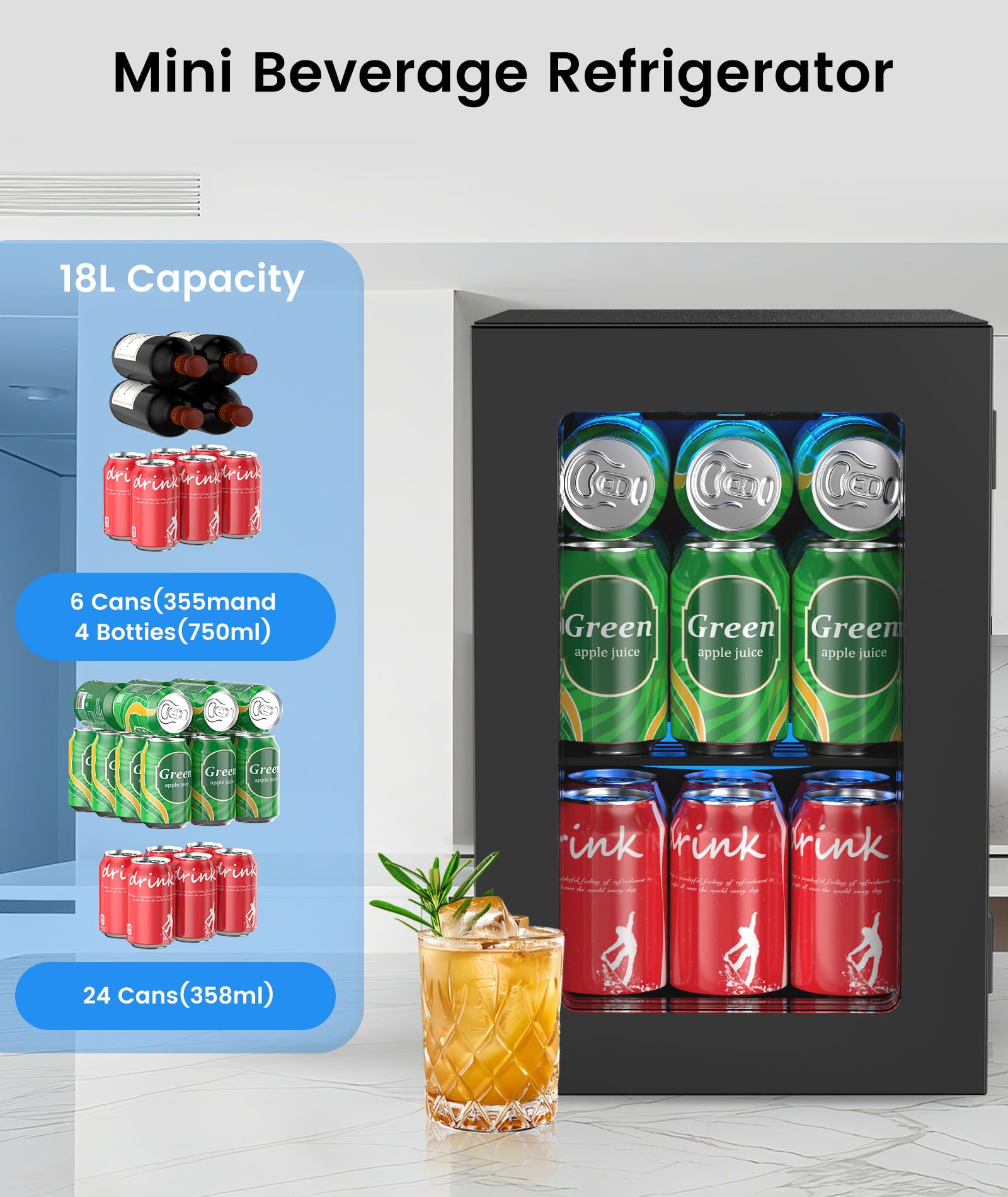 Kismile beverage fridge interior lit by blue LED for night-time drink selection.