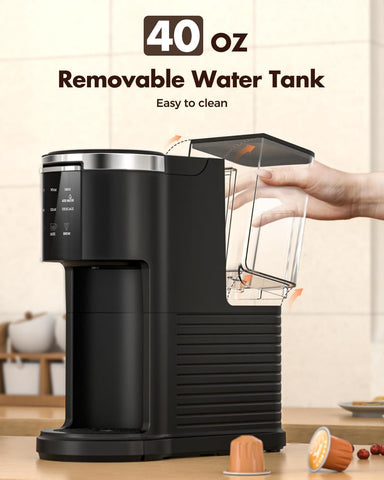 Kismile coffee maker ready for on-the-go use with travel mug.