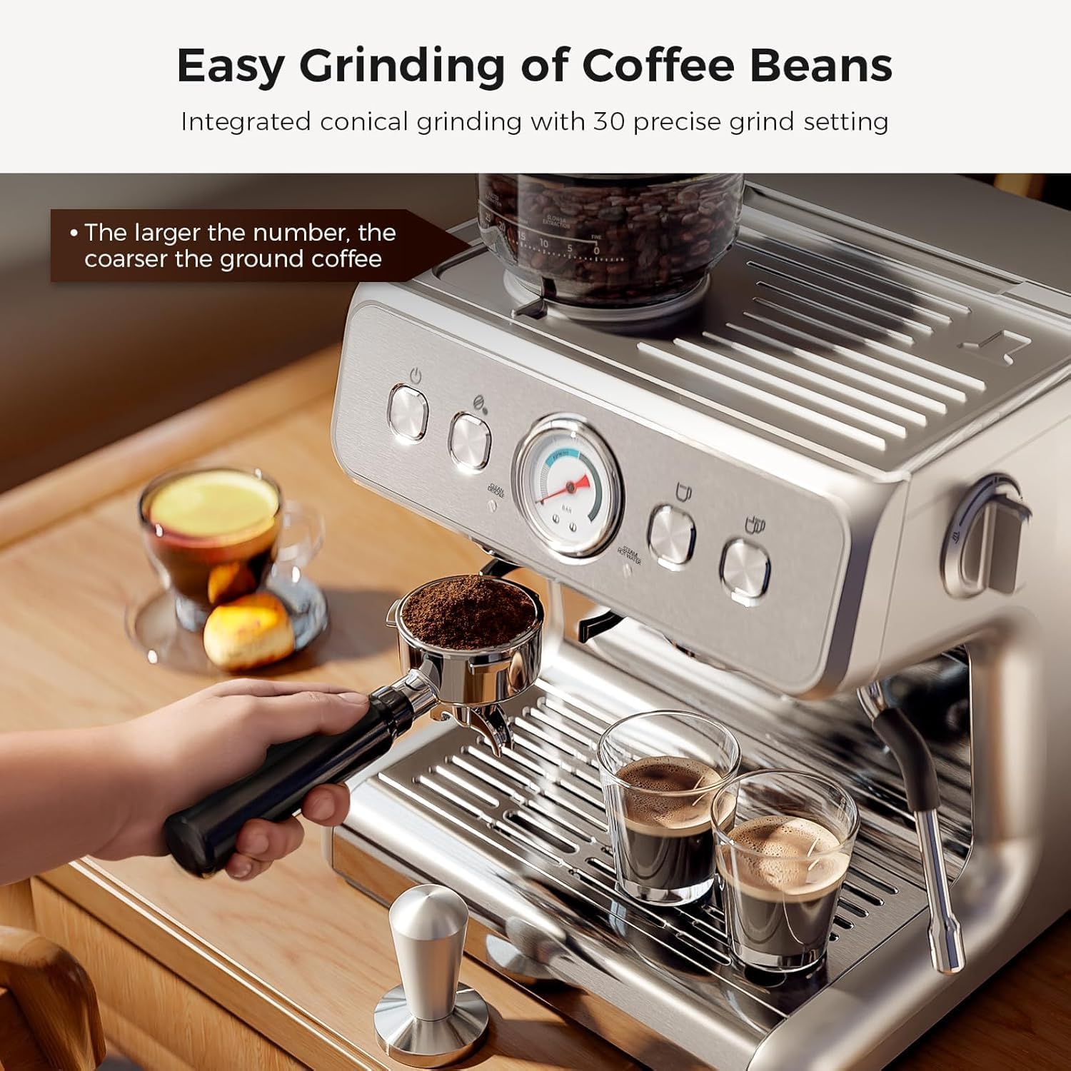 Kismile espresso machine pump and dial highlight control over extraction for personalized brews.