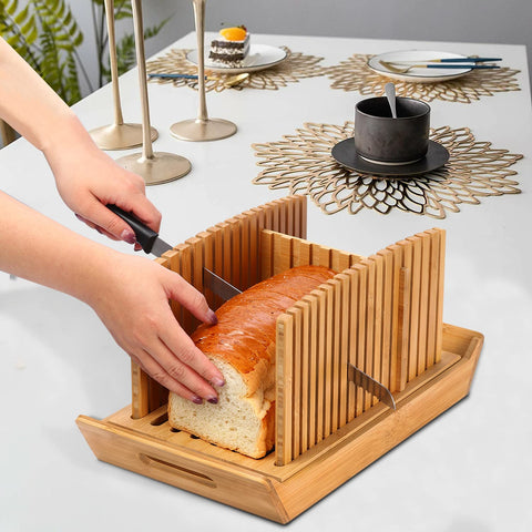 Kiss Core Bamboo Loaf Cutter in action for uniform slices.