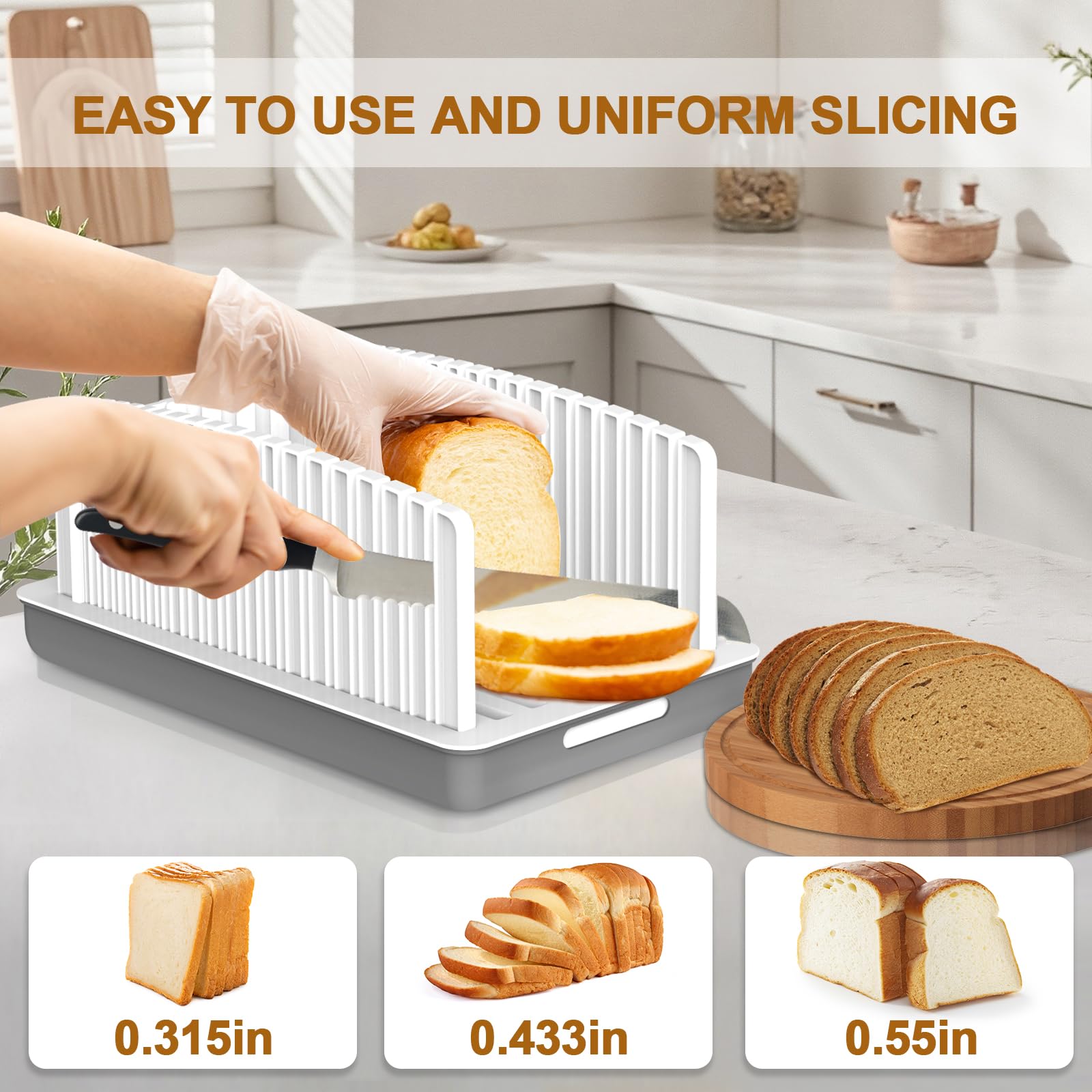 Kiss Core Adjustable Guide slices bread evenly at three thickness levels.