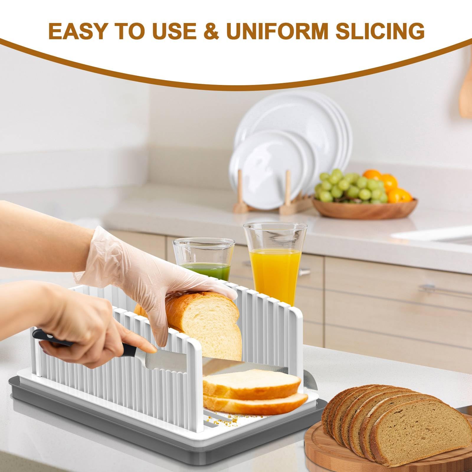 Kiss Core bread slicer adjustable-width showing six slice options for even portions.