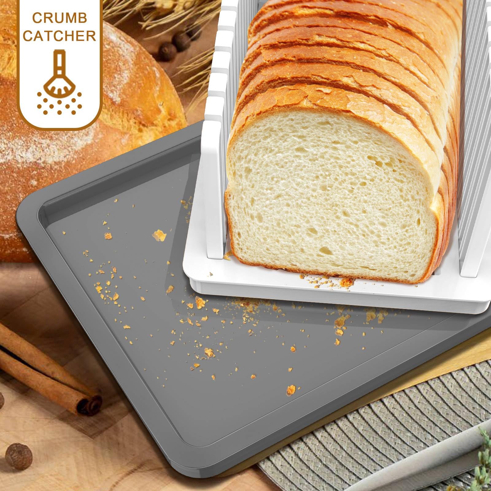 Kiss Core bread slicer crumb-tray catching crumbs for quick cleanup.