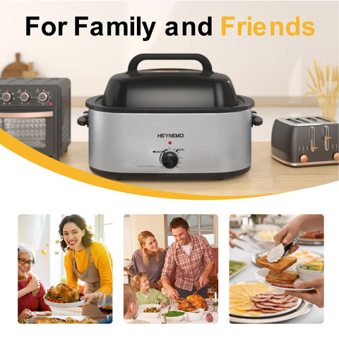 Kiss the Water Roaster Oven 28Qt defrost function speeds thawing safely.