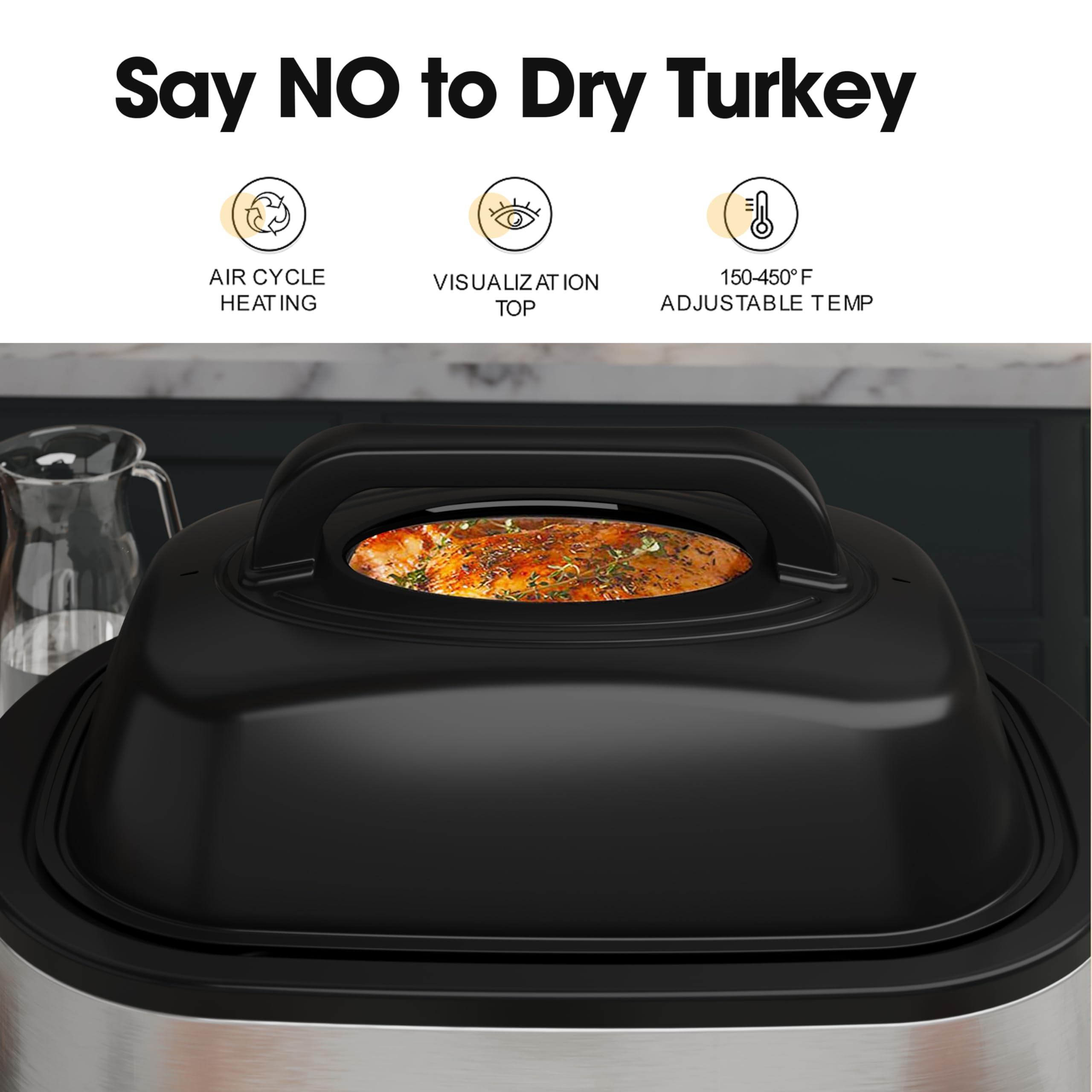 Kiss the Water Roaster Oven 28Qt self-basting lid preserves juiciness.