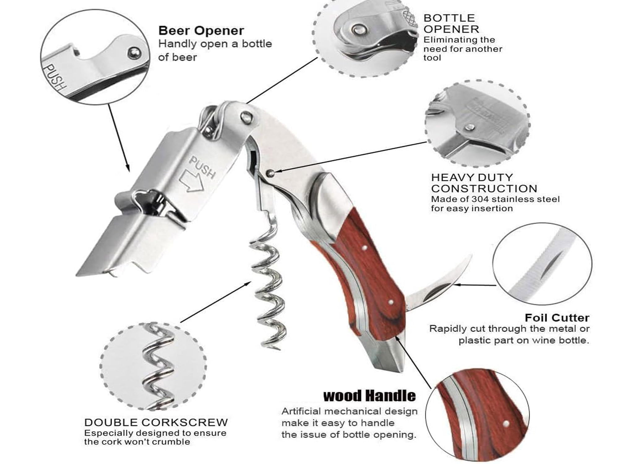 Kit-Home wine key with integrated foil cutter and beer opener, versatile for bartenders.