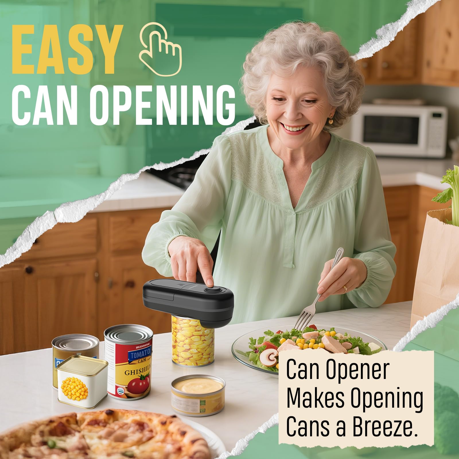 Kitassure battery-operated opener in use demonstrates hands-free operation for quick opening