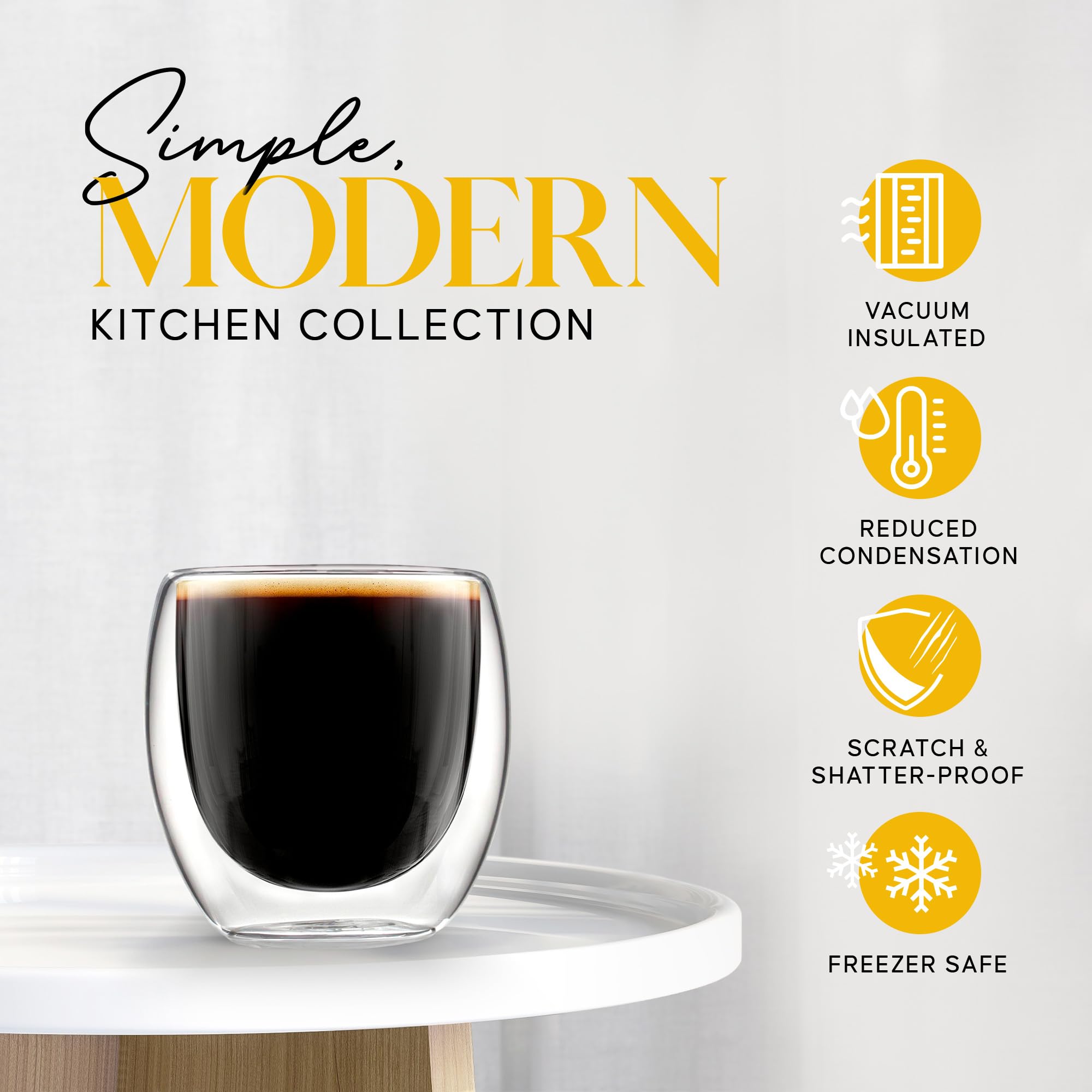 Kitchables clear glass mugs showcase rich espresso notes attractively.