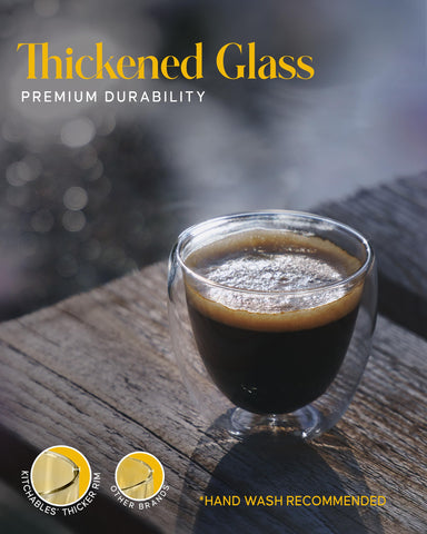 Kitchables demitasse cups shown in hand, ergonomic handle for comfortable sipping.