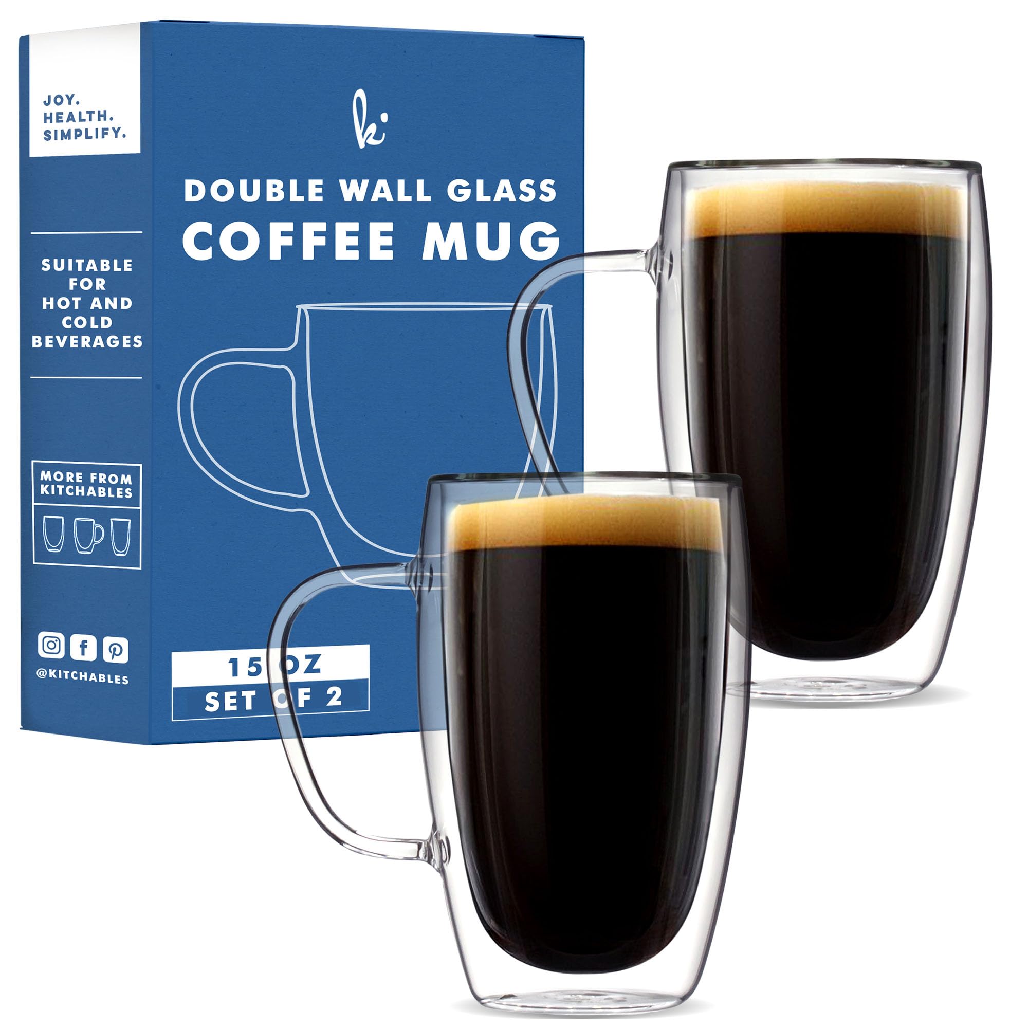 Kitchables double-walled glass mug 15oz set shows clear insulation and modern style.