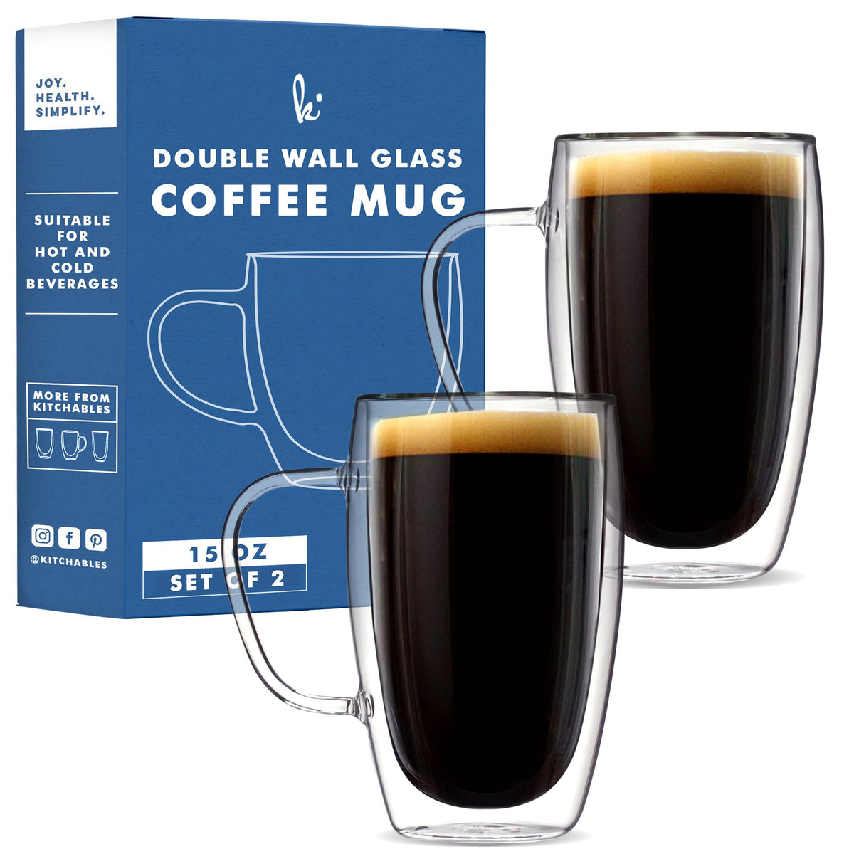 Kitchables double-walled glass mug 15oz set shows clear insulation and modern style.
