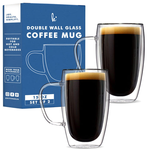 Kitchables double-walled glass mug 15oz set shows clear insulation and modern style.