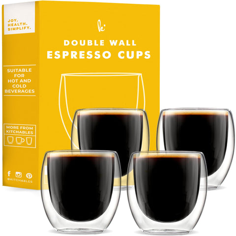 Kitchables espresso cups set-4 with double-walled glass keeps drinks hot or cold.