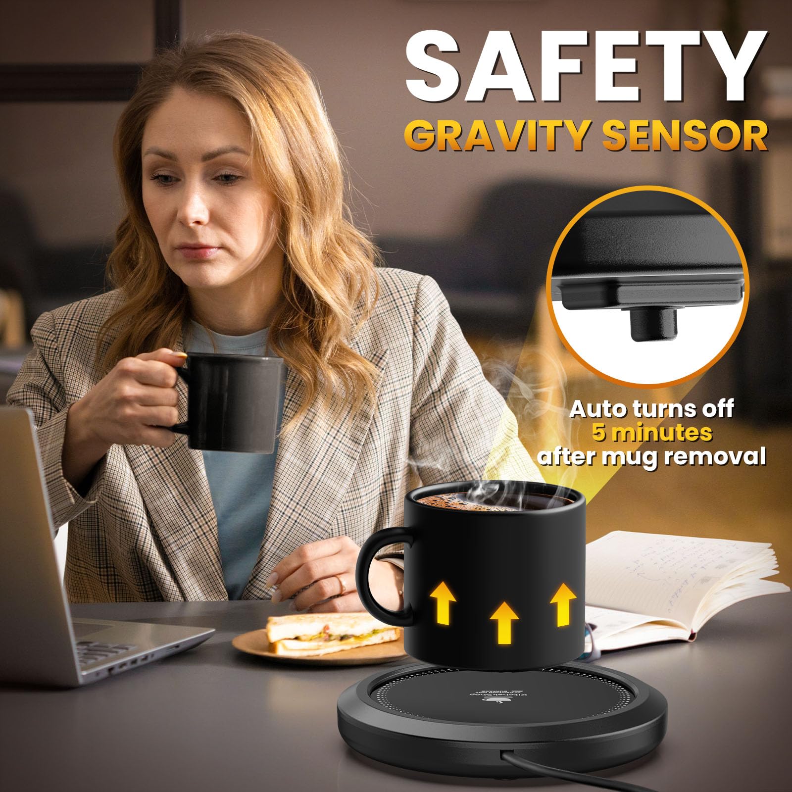 KitchekShop fast-heating-mug-warmer display highlights timer feature.