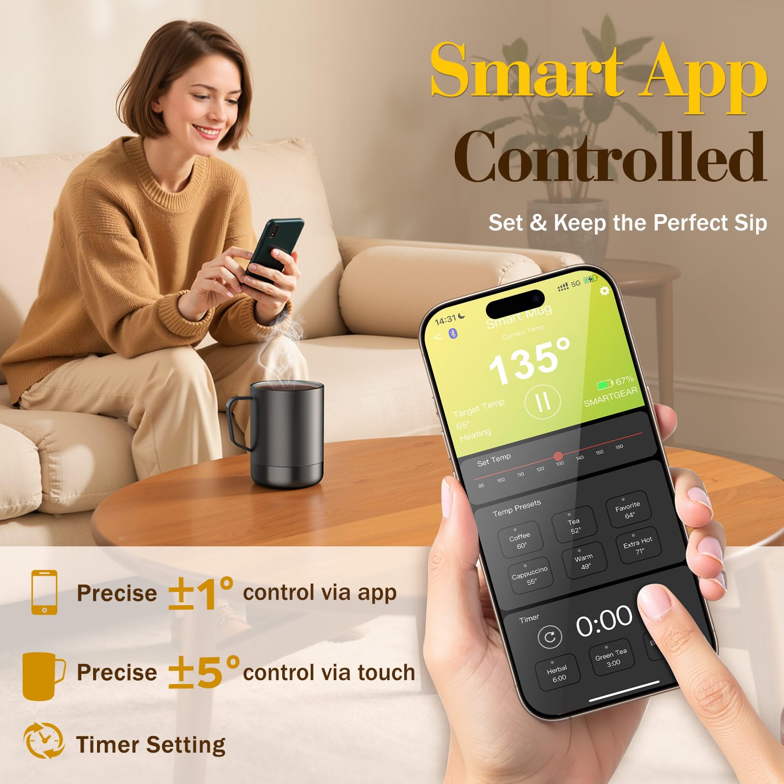 KitchekShop mug warmer app control shows temperature and battery status clearly.