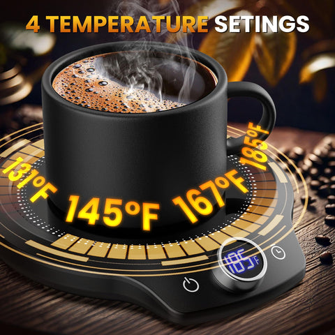 KitchekShop mug warmer on a desk with coffee mug for daily warmth.