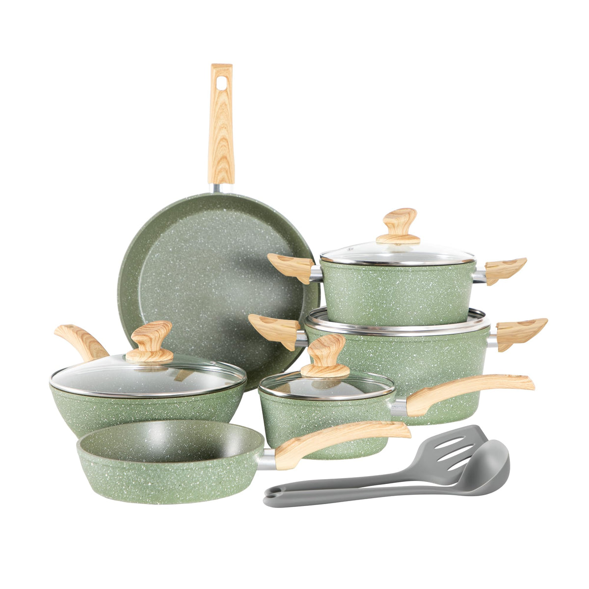 Kitchen Academy 12-piece nonstick set on stove, induction-ready and easy to clean.