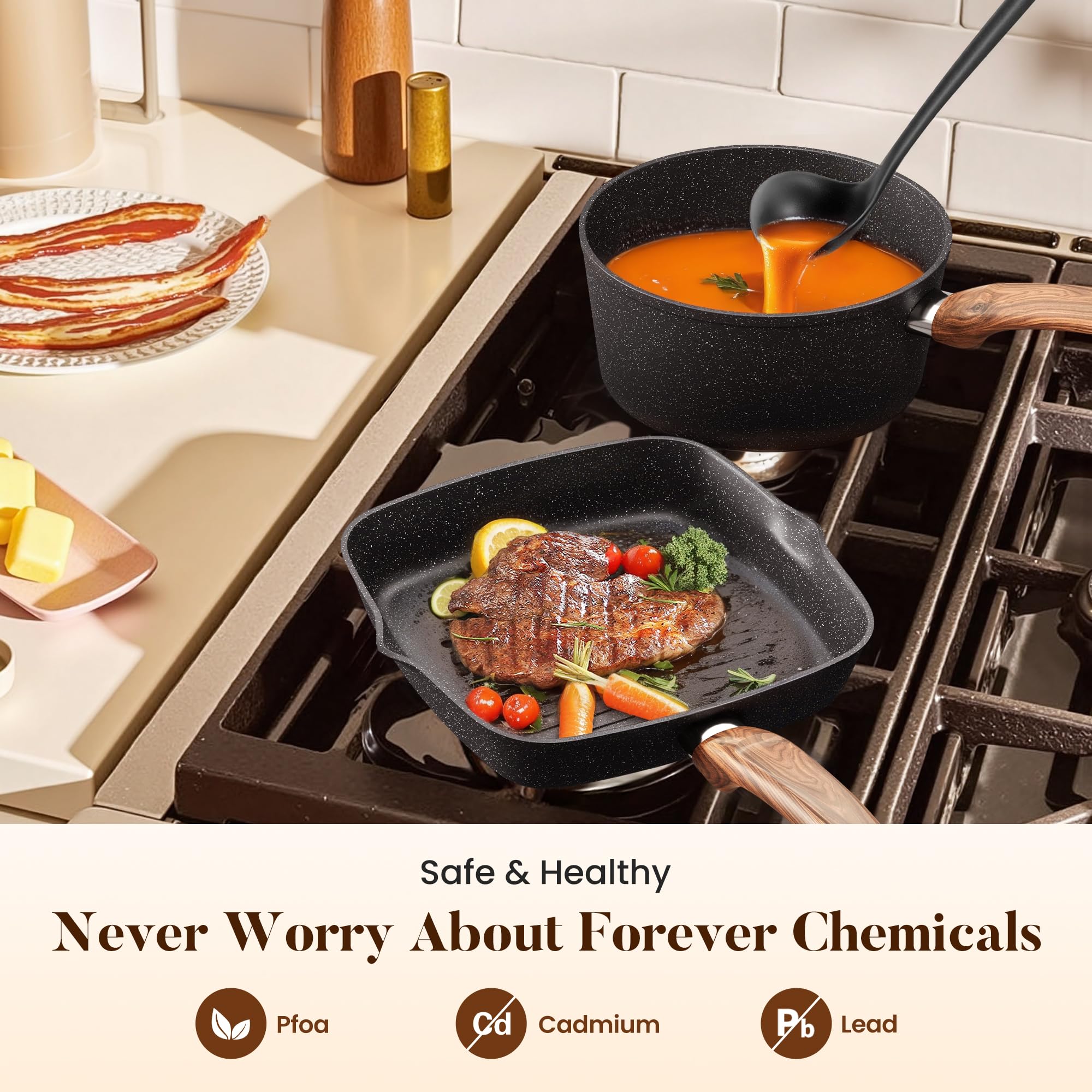 Kitchen Academy glass lids on pans provide transparent view for precise simmering