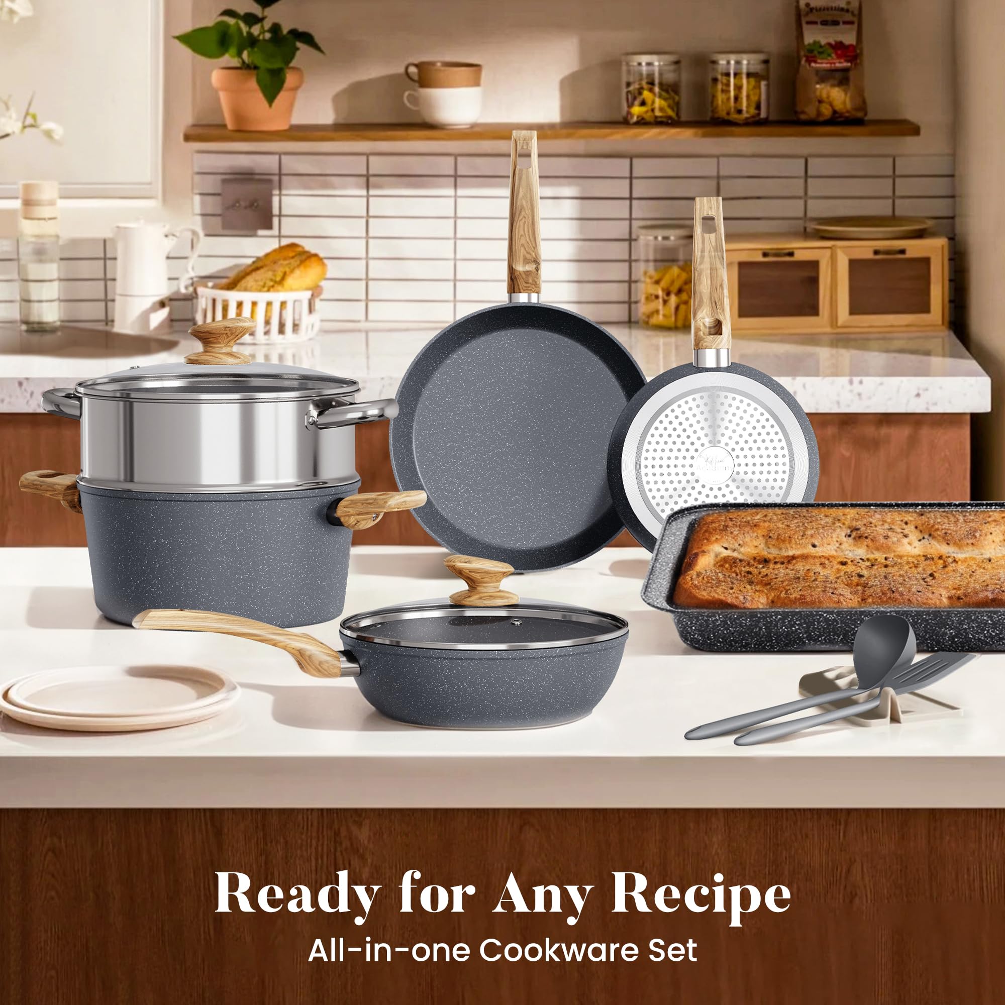 Kitchen Academy Granite nonstick 5-quart casserole with lid for larger meals.