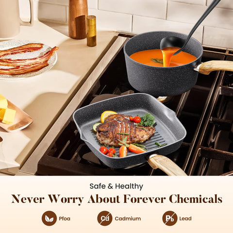 Kitchen Academy Granite nonstick 9.5-inch deep fry pan with lid for sauces.