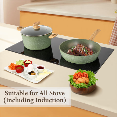 Kitchen Academy induction-compatible base ensures fast, even heat on compatible stoves.