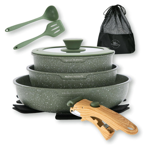 Kitchen Academy removable-handle 8-inch fry pan for RV cooking and easy handling.
