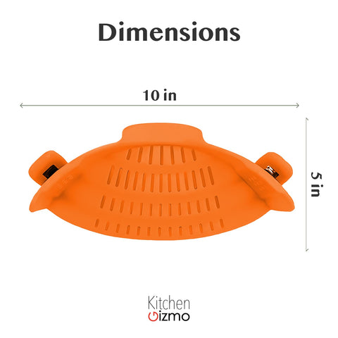 Kitchen Gizmo clip-on pasta strainer in bright orange fits most cookware securely.