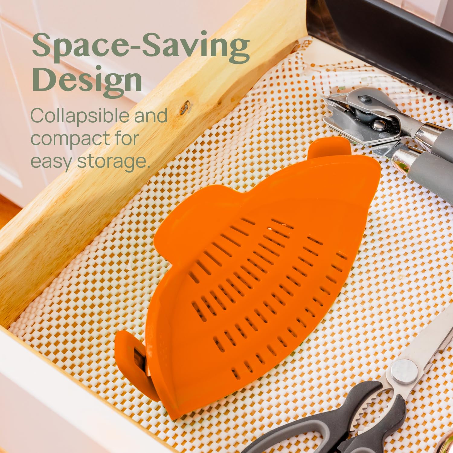 Kitchen Gizmo heat-resistant silicone strainer endures boiling water for quick draining.