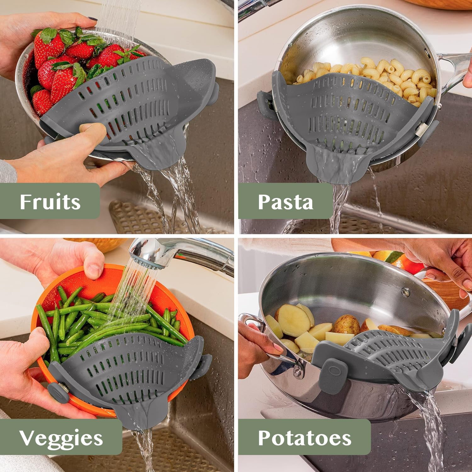 Kitchen Gizmo Snap N' Strain helps prevent spills during cooking.