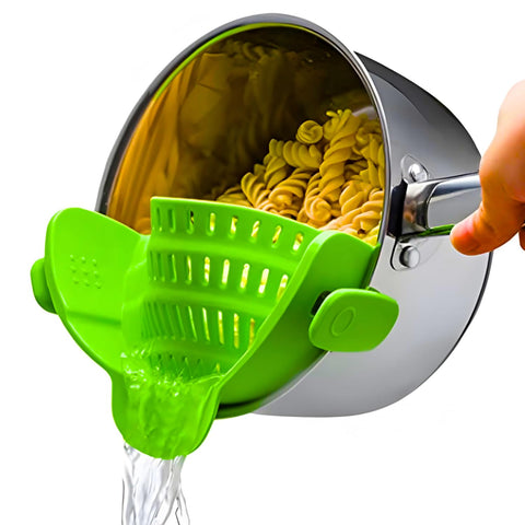 Kitchen Gizmo Snap N' Strain clip-on strainer attached to pot for hands-free draining