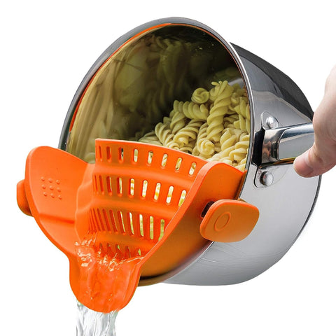 Kitchen Gizmo Snap N Strain clip-on strainer fits pots and pans for mess-free draining.