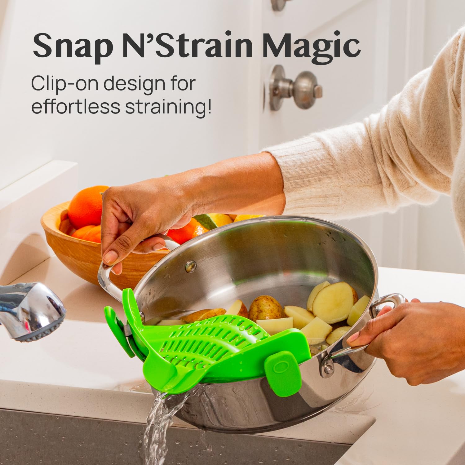 Kitchen Gizmo Snap N' Strain collapsible silicone pasta strainer fits small cookware