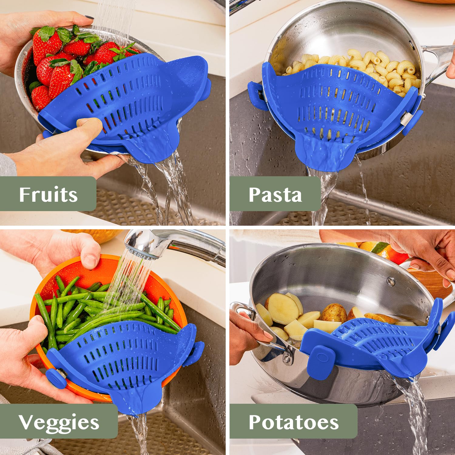 Blue Kitchen Gizmo strainer blends with modern cookware