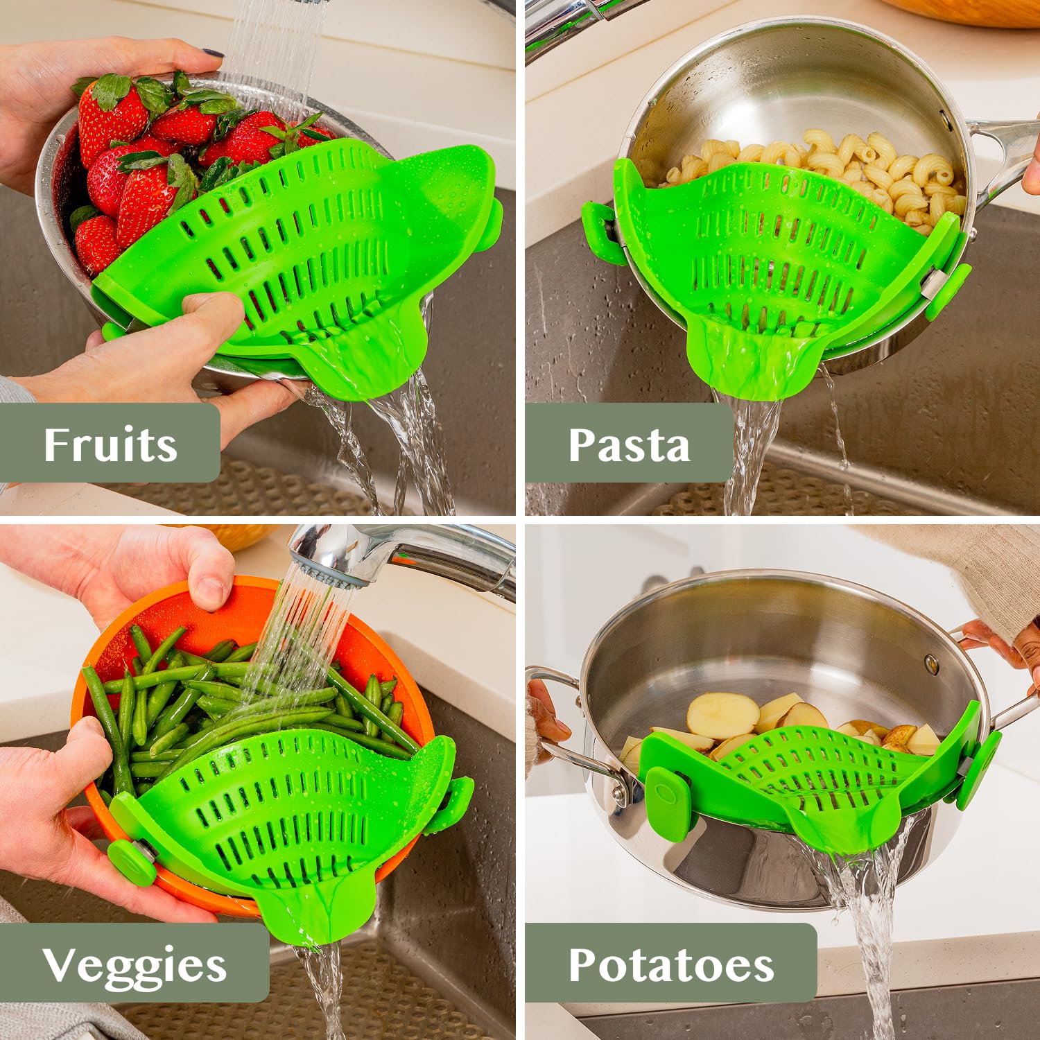 Kitchen Gizmo Snap N' Strain green silicone strainer adds color and utility