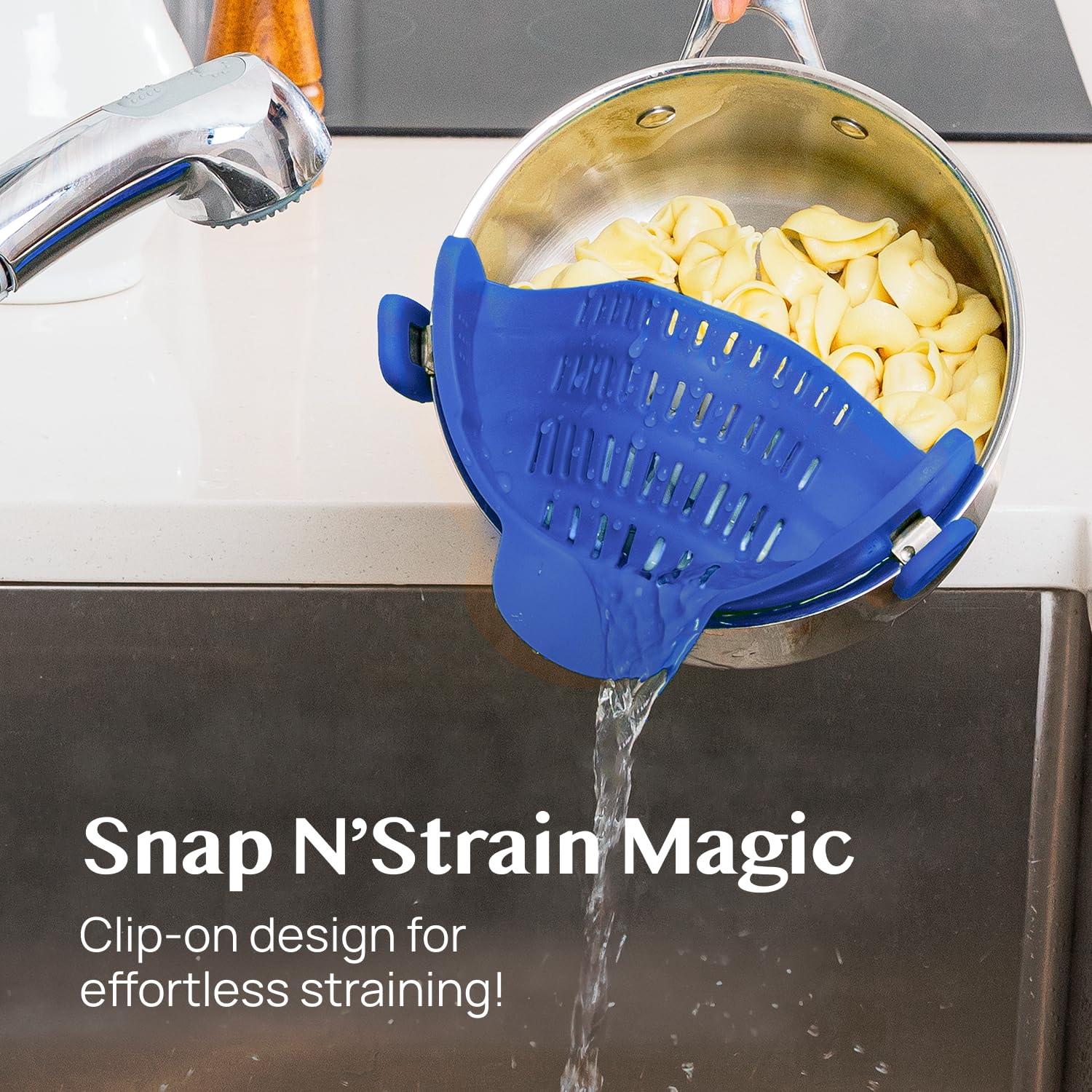 Kitchen Gizmo silicone clip-on strainer heat-resistant up to 440°F in action