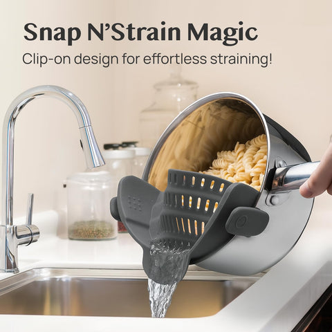 Kitchen Gizmo Snap N' Strain uses heat-resistant silicone for hot pasta.