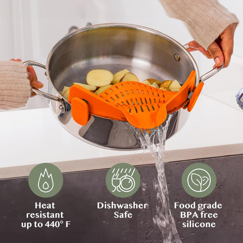 Kitchen Gizmo universal-fit clip-on strainer keeps vegetables and pasta from slipping.