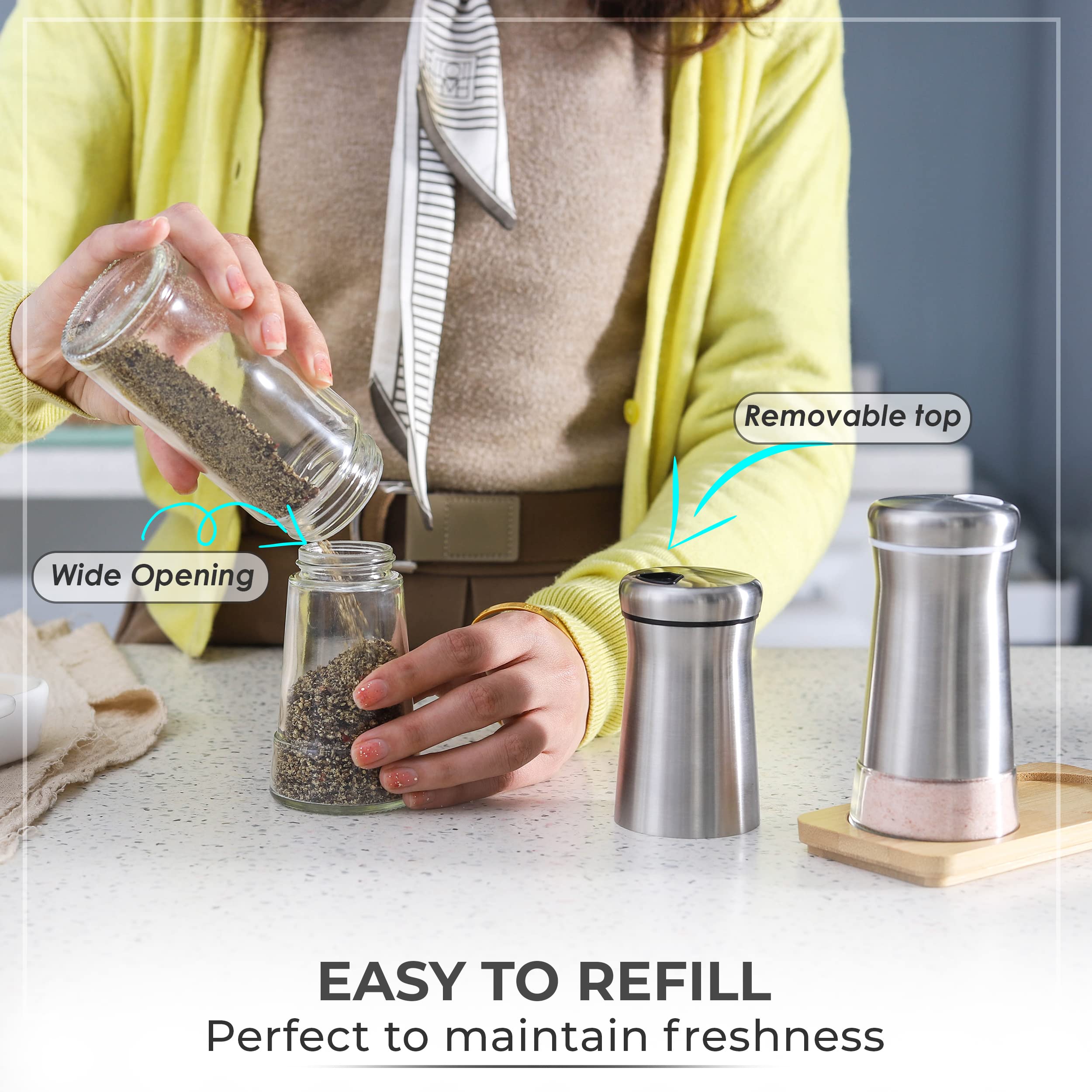 Kitchen-GO black pepper shaker pairs with salt for easy table seasoning
