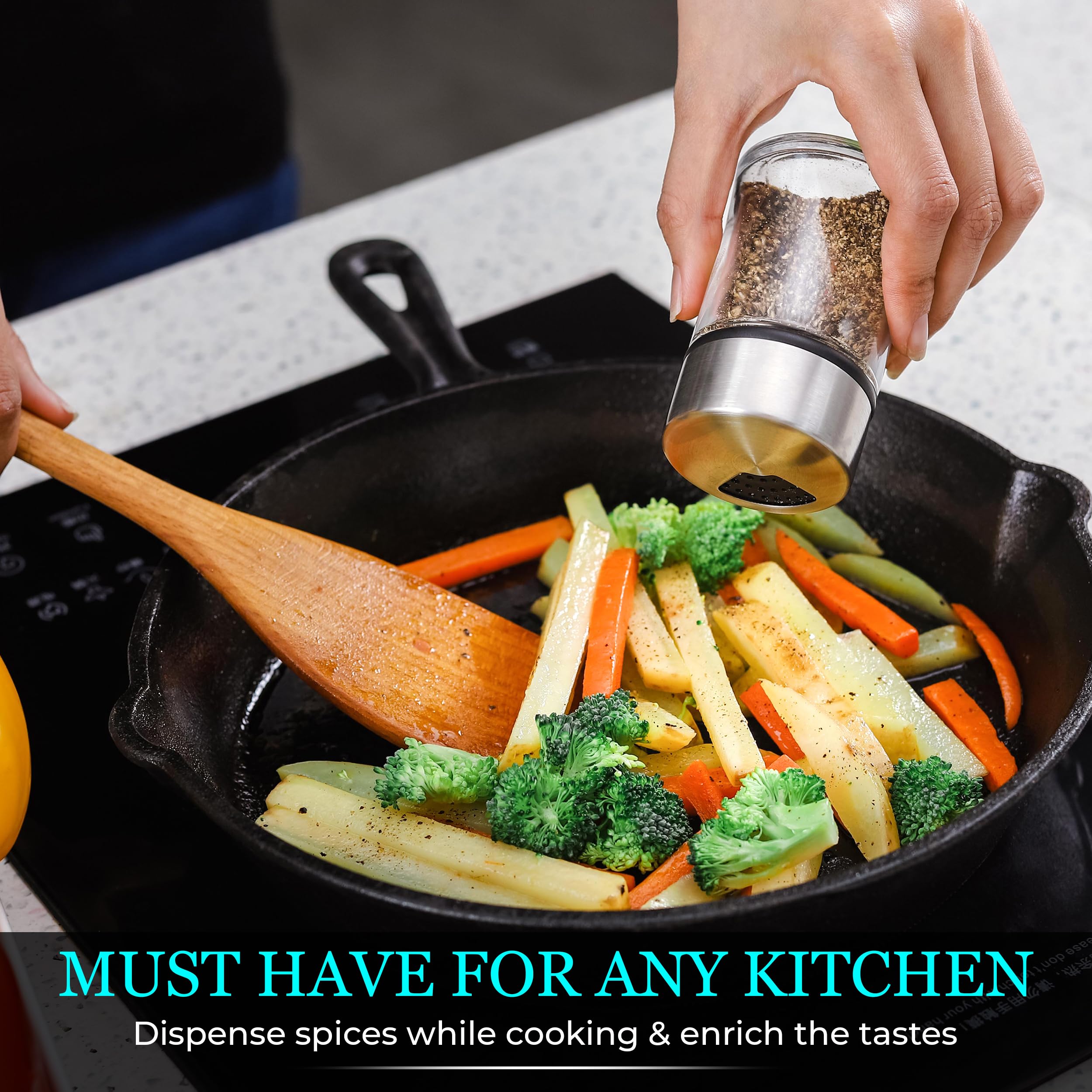 Kitchen-GO salt and pepper shakers featuring an easy-refill design for mess-free topping.