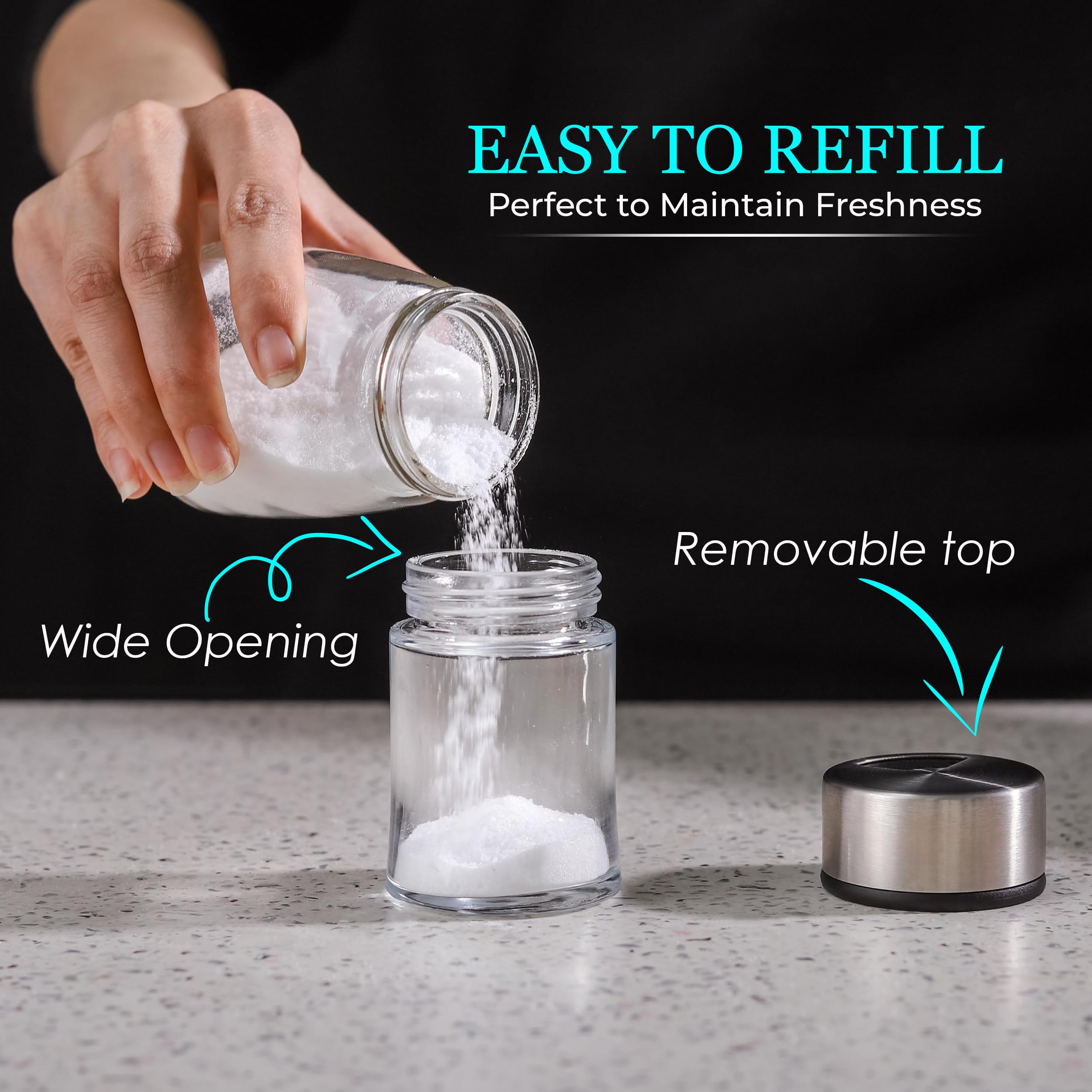 Kitchen-GO shakers with tight-seal lids to help keep salt and pepper fresh between uses.