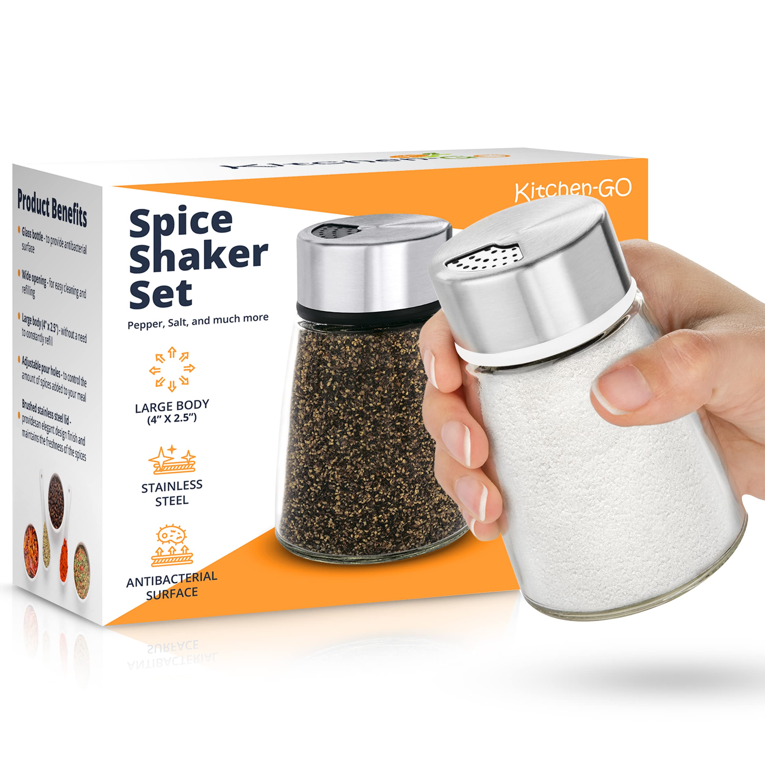Kitchen-GO stainless steel spice dispenser with glass body for visibility and freshness.