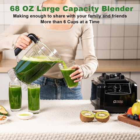 Kitchen in the Box blender 1500W motor powers smooth blending of ice and frozen fruit.