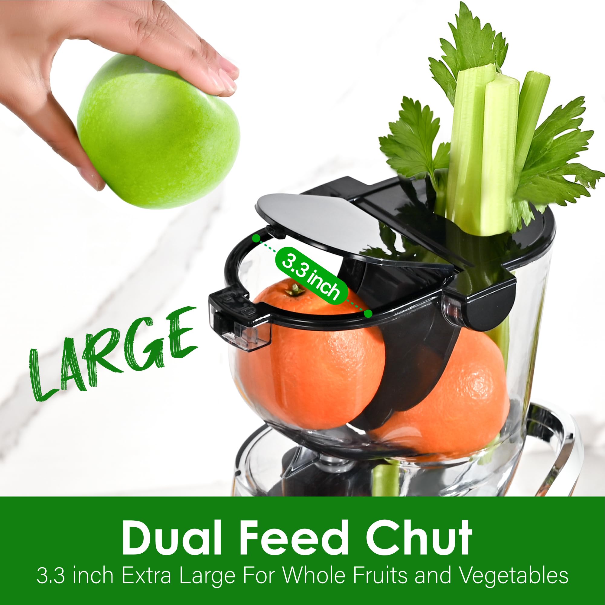 Kitchen in the Box juicer long vegetable feed chute supports seamless vegetable juicing.