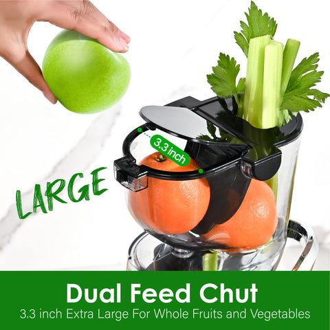 Kitchen in the Box juicer long vegetable feed chute supports seamless vegetable juicing.