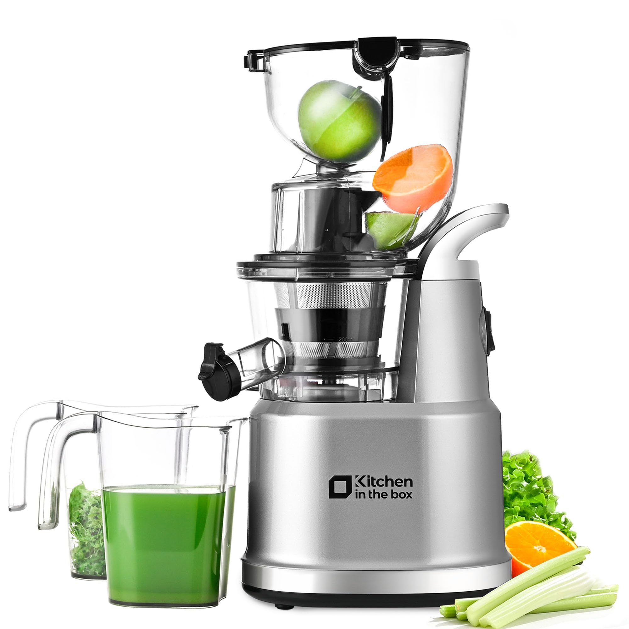 Kitchen in the Box cold press juicer with wide chute enables quick whole-fruit juicing.