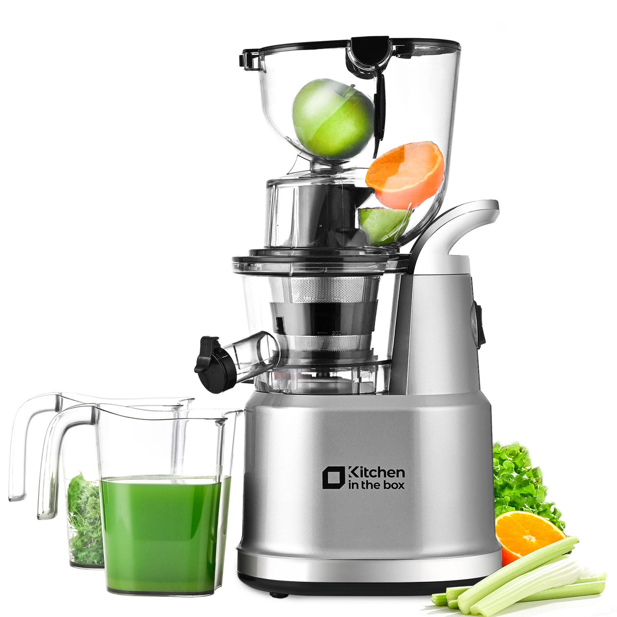 Kitchen in the Box cold press juicer with wide chute enables quick whole-fruit juicing.