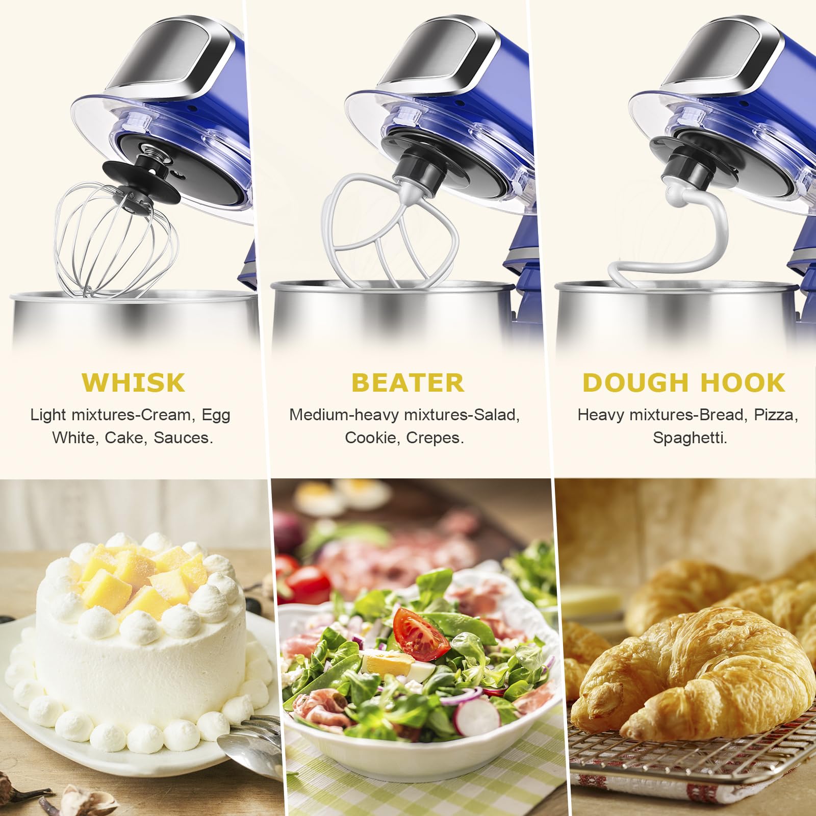 Six-speed control handles doughs, batters, and creams smoothly.