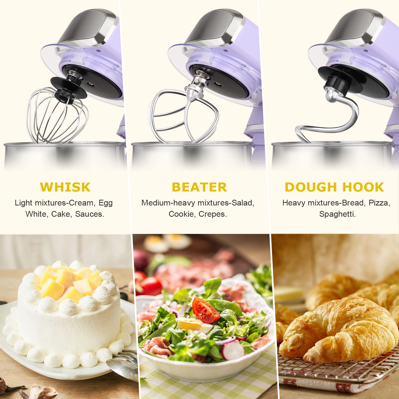 Kitchen in the Box stand mixer, 6-speed control for delicate to thick dough.